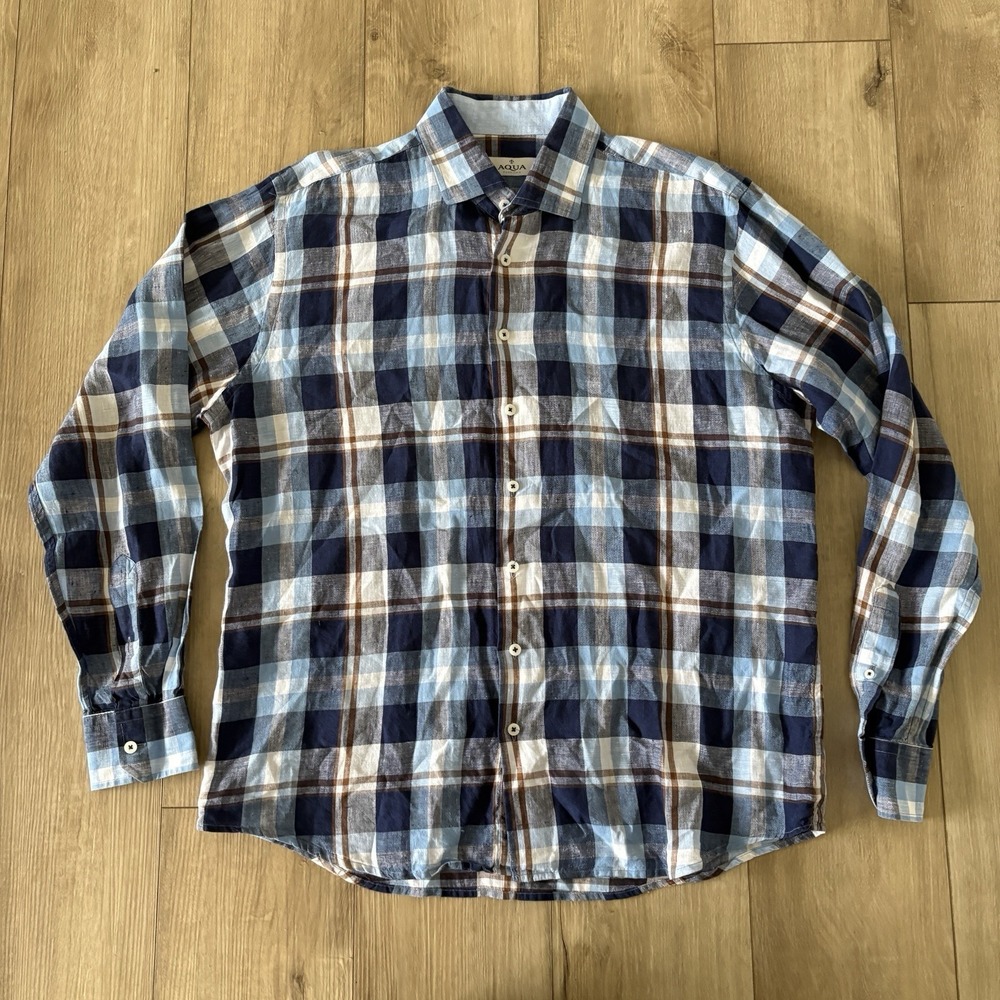 Toscano Size Large 100% Linen Shirt Blue White Plaid Long Sleeve Flannel